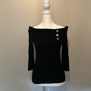 WHBM - off-the-shoulder ribbed black sweater with silver button detail